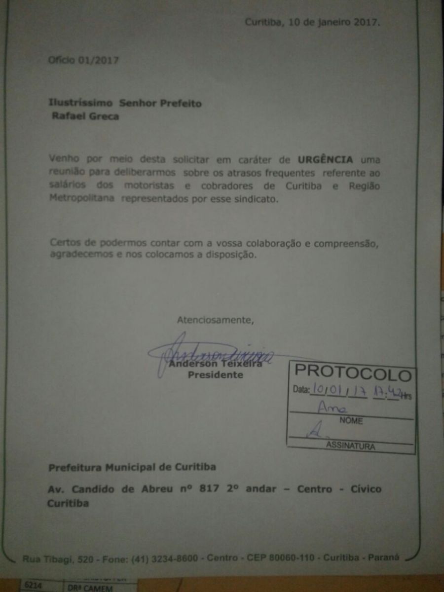 Ofício foi protocolado hoje na prefeitura, solicitando audiência com novo prefeito, Rafael Greca. Não podemos mais suportar essa situação que já perdura por quatro anos. 